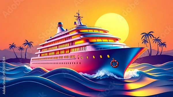 Fototapeta 3D clipart of a luxury cruise ship sailing on stylized waves, shiny metallic hull and deck.
