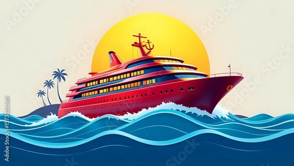 Fototapeta 3D clipart of a luxury cruise ship sailing on stylized waves, shiny metallic hull and deck.