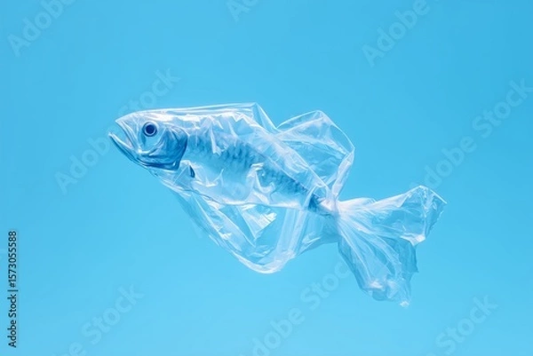 Obraz Plastic Fish in Blue Water, Oceanic Waste Representation in Transparent Polythene Form, Environmental Statement with Translucent Shape, Floating Pollution Concept, Ecological Awareness Symbol