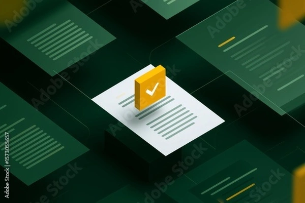 Obraz Professional Document Approval with Checkmark Icon, Corporate Business Report in Digital Interface, Successful Project Completion, Network in Efficient Workflow Management, Strategic Business Symbol