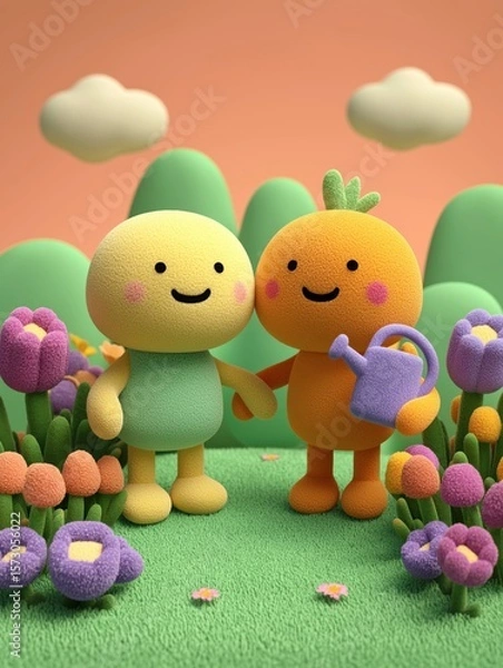 Obraz Cute cartoon characters of a smiling lemon and orange in a colorful garden with flowers and clouds on a pink sky background