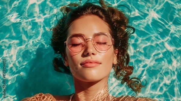 Obraz Relaxed woman with sunglasses floating in swimming pool with sunlight reflections