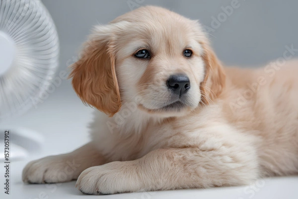 Fototapeta A golden retriever puppy lies on a soft surface, enjoying a gentle breeze from a nearby fan in a well-lit room