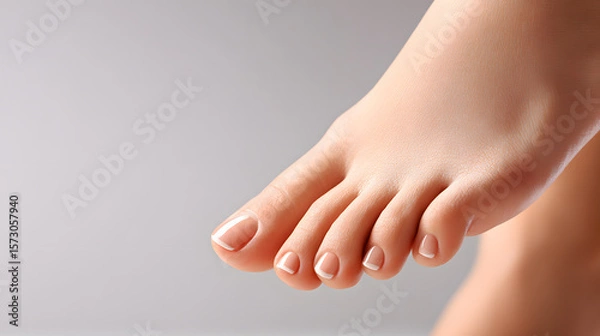 Fototapeta Close-up of a manicured foot with soft skin and French toenails, showcasing elegance and detail