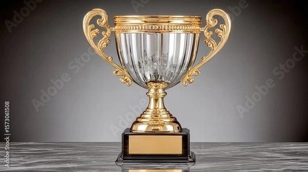 Fototapeta A sleek golden trophy cup polished and shining set against a dark background perfect for celebrating achievements