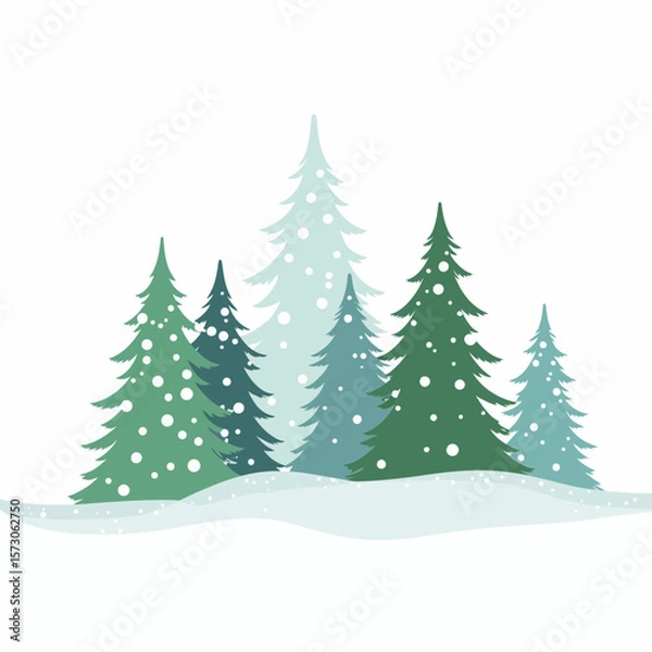 Obraz Snowy evergreen trees in winter landscape with white background  