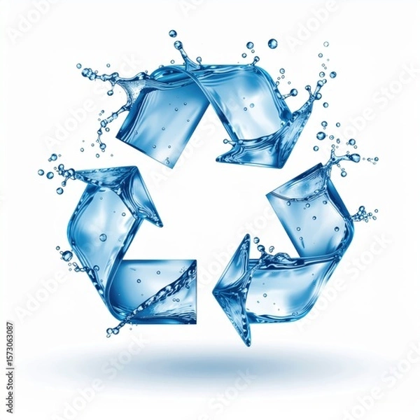 Obraz Artistic representation of a recycling symbol formed by flowing water on a white background ideal for eco-friendly designs and concepts