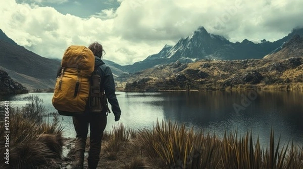 Fototapeta A solitary backpacker commences a journey through the rugged terrain of the mountains, seeking solace and wonder amidst the majestic peaks and serene waters of the valley