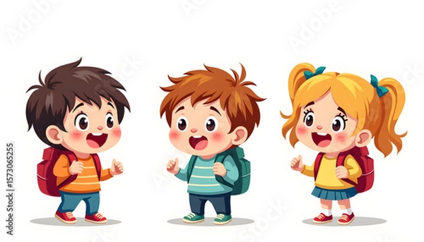 Obraz Three happy cartoon kids with backpacks, ready for school, smiling broadly