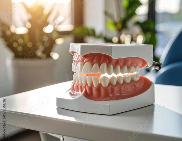Fototapeta A mold of a set of aligned teeth placed on a dental chair tabletop with delicate lighting.