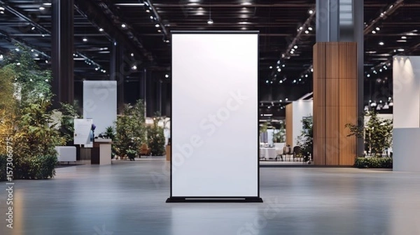 Fototapeta A blank, white standing banner display is positioned centrally in a spacious trade show or exhibition hall, ready for customization. 