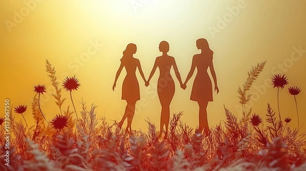 Obraz Complex papercut silhouette of women holding hands on light yellow background featuring minimalist style symbolic unity and feminism with clean lines and copy space beneath for text or design use