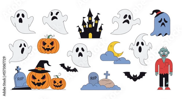 Fototapeta Creepy and spooky halloween icons featuring ghosts pumpkins bats zombie and haunted castle decorations for the holiday