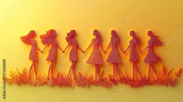 Obraz Complex papercut silhouette of women holding hands on light yellow background featuring minimalist style symbolic unity and feminism with clean lines and copy space beneath for text or design use