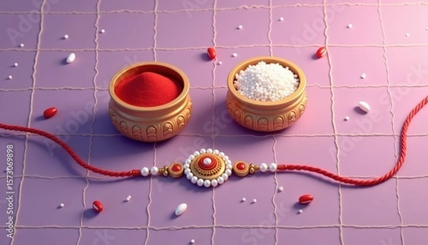 Fototapeta Isometric Illustration of Rakhi, Kumkum and Rice – Modern Festive Indian Vector Scene