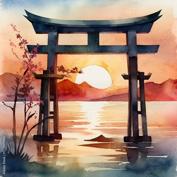 Fototapeta Whispers of the Horizon: Torii in Evening Light