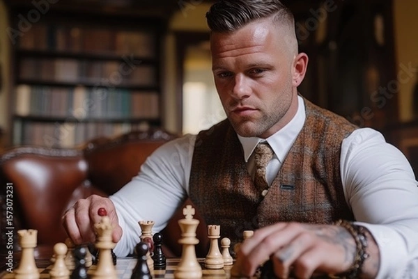 Obraz Worried mature man deeply focused on chess game. Close-up of tense thoughtful expression while analyzing board strategy indoors. Game of logic, stress, and decision-making. Cozy room with books.