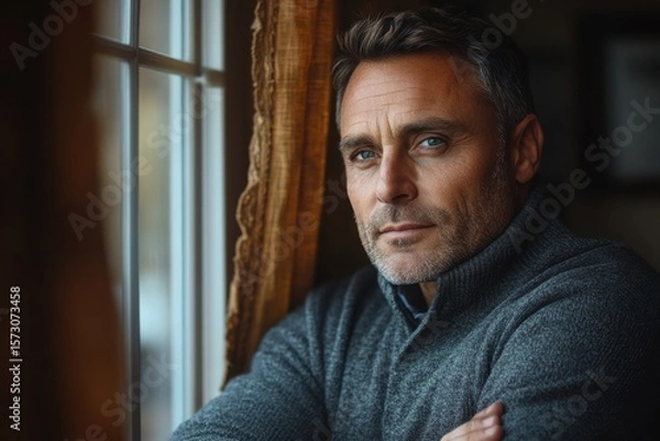 Obraz Portrait of thoughtful man looking out the window. Natural light highlights serious expression. Indoor moment of deep reflection and solitude. Moody atmosphere. Lifestyle, emotion, copy space.