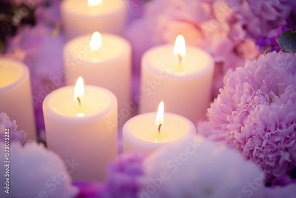 Obraz Close-up of glowing white candles surrounded by soft flowers. Warm flame light. Romantic, peaceful ambiance. Blurred pastel background. Spa, relaxation, mindfulness. Cozy mood. Banner, copy space