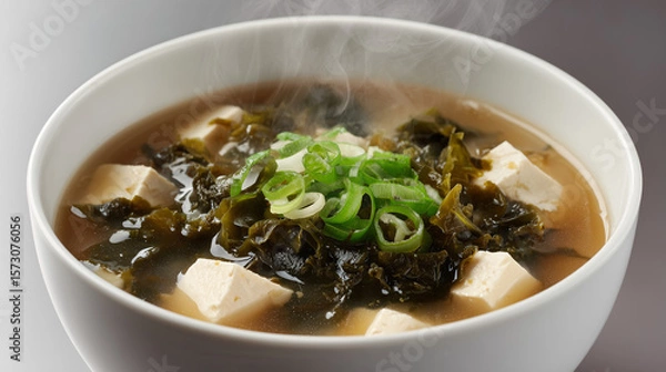 Fototapeta Steaming miso soup with tofu cubes, seaweed and scallions in white bowl
