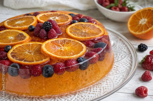 Fototapeta shows a fruit gelatin dessert topped with slices of orange, raspberries, and blueberries, placed on a glass plate on a light wooden table. There is a bowl of fresh berries in the background and a half