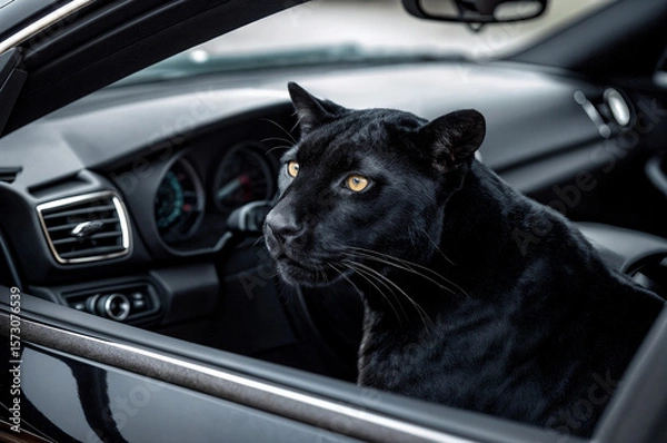 Fototapeta A black panther is sitting inside a car, looking out the window with its piercing yellow eyes. The car's interior, including the dashboard and vent, is visible in the background.