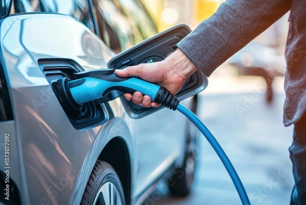 Obraz Close-up of man’s hand plugging in electric vehicle charger. Shiny blue car surface reflects ambient light. Concept of clean energy, EV technology, green transportation. Modern detail. Banner.
