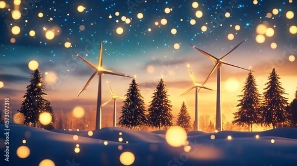 Fototapeta Winter wonderland with wind turbines at sunset, snowy landscape, bokeh lights