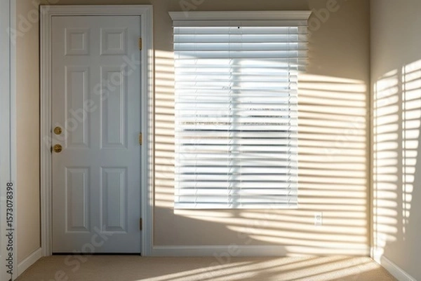 Obraz Sunlight streaming through white blinds casts soft shadows on beige wall and door. Clean, minimal interior. Morning light. Calm atmosphere. Peaceful home scene. Space for text. Warm tones