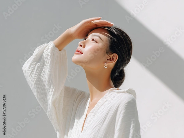 Obraz 紫外線を気にする季節にぴったりの健康的で透明感ある女性像（美容、メイク、コスメイメージ）