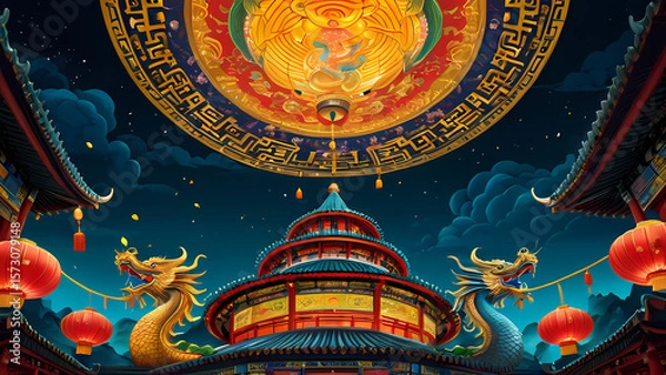 Fototapeta Colorful dragon temple under a night sky with lanterns lighting up the scene in an enchanting setting Generative AI