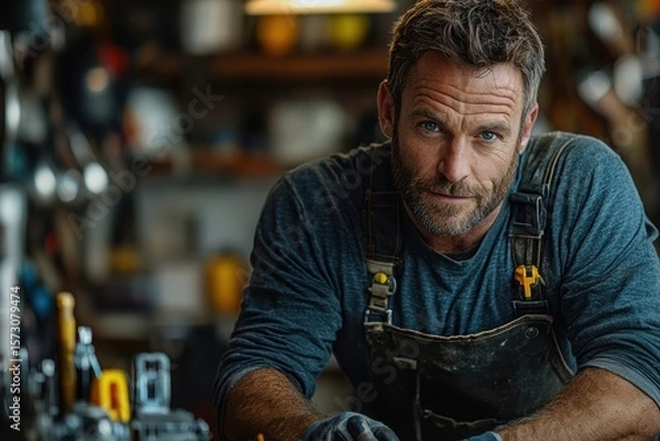 Obraz Close-up of confident rugged man in work overalls leaning on workbench. Charming smile. Natural light. Workshop background with tools. Hands-on attitude. Masculinity, skill, lifestyle. Craft. Banner