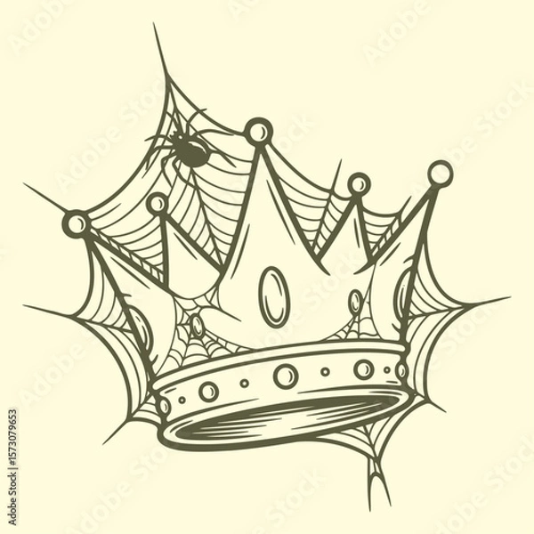 Fototapeta crown entangled in a spiderweb with a spider line sketch