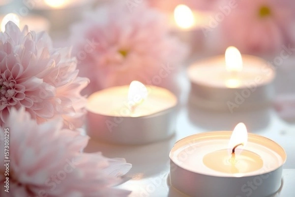 Obraz Close-up of soft glowing candles surrounded by delicate pastel flowers. Creamy white tones. Romantic and peaceful ambiance. Spa relaxation concept. Gentle bokeh background. Copy space. Banner