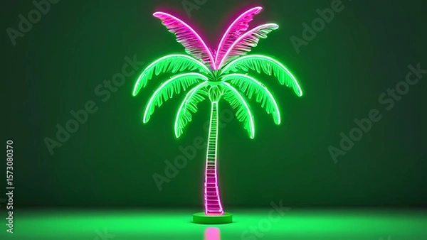 Fototapeta Vibrant neon palm tree sculpture illuminating a modern indoor space with a tropical aesthetic at night Generative AI