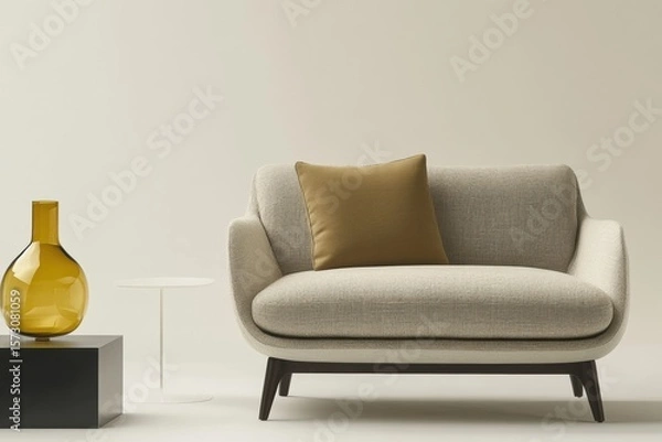 Obraz Modern beige sofa with dark cushion in minimalist setting. Amber vase and white table add stylish touch. Clean lines, soft fabric, cozy vibe. Neutral tones. Scandinavian design. Copy space.