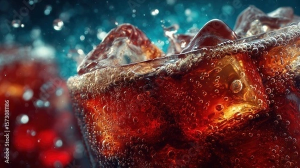 Fototapeta Coke bubbles and ice. Dynamic Splash. Refreshing Soft Drink with Ice Cubes. Cola bubbles.