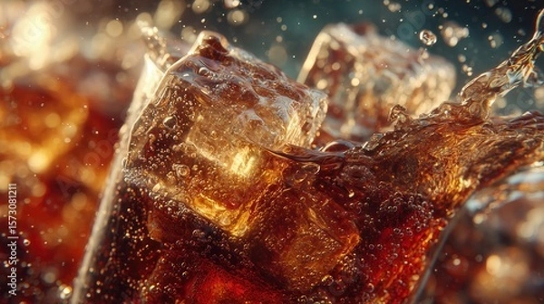 Fototapeta Coke bubbles and ice. Dynamic Splash. Refreshing Soft Drink with Ice Cubes. Cola bubbles.