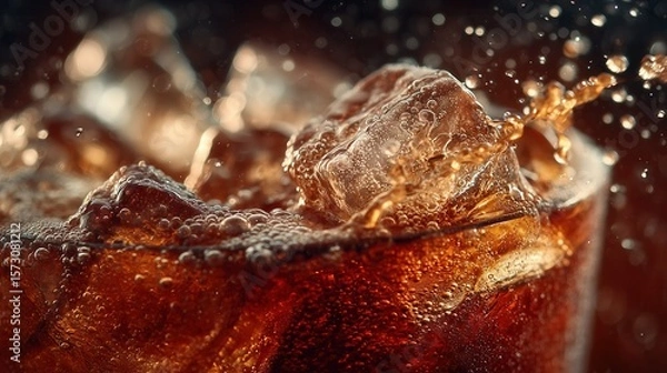 Fototapeta Coke bubbles and ice. Dynamic Splash. Refreshing Soft Drink with Ice Cubes. Cola bubbles.