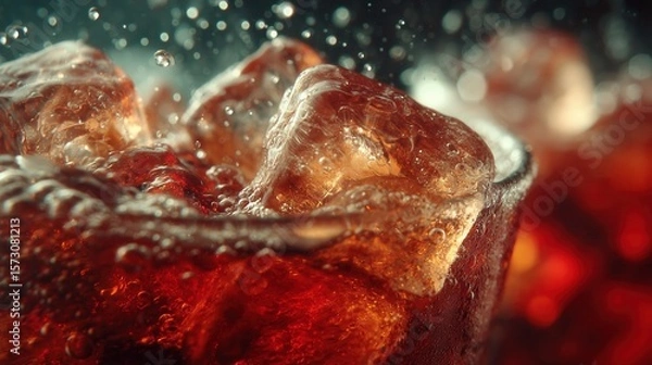 Fototapeta Coke bubbles and ice. Dynamic Splash. Refreshing Soft Drink with Ice Cubes. Cola bubbles.