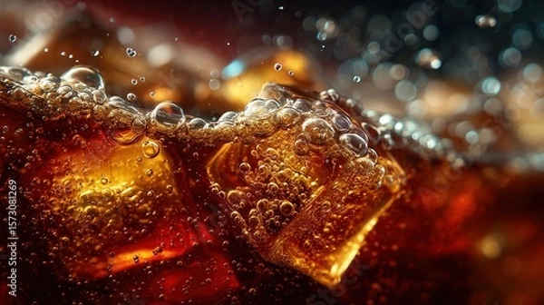 Fototapeta Coke bubbles and ice. Dynamic Splash. Refreshing Soft Drink with Ice Cubes. Cola bubbles.