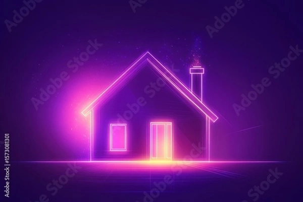 Obraz Glowing neon house icon in violet and pink light. Futuristic digital design with minimal lines. Dark purple background. Concept of smart home, real estate, and virtual living. Tech banner.