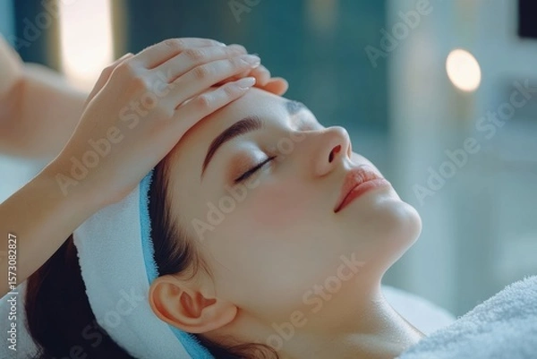 Obraz Close-up of woman receiving facial massage in spa. Eyes closed, serene expression. Gloved hands gently touching face. Soft lighting. Smooth skin. Beauty treatment. Relaxation and wellness. Banner