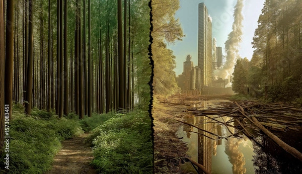 Fototapeta Ecology. Contrast between untouched natural forest and polluted industrial landscape. Illustration of the impact of human industrial activity on nature. Environmental Pollution – Generative AI