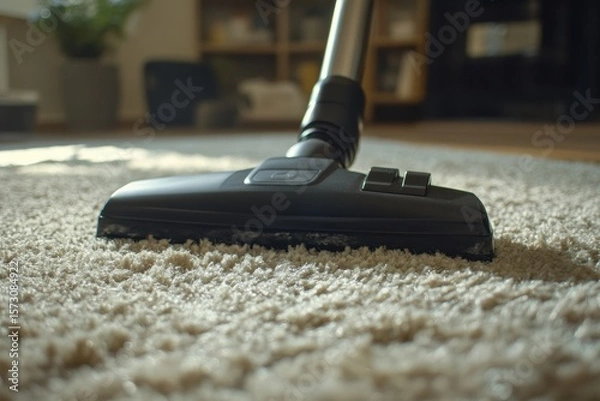 Obraz Close-up of vacuum cleaner nozzle on soft beige carpet. Shallow depth of field. Cozy home interior in background. Concept of cleanliness, home care, hygiene, and routine cleaning. Bright and tidy.