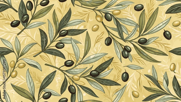 Fototapeta Vector Illustration Seamless Pattern. Olives and Green Olive Leaves Pattern. Golden Yellow Background. For Printing on Fabric or Wallpaper.