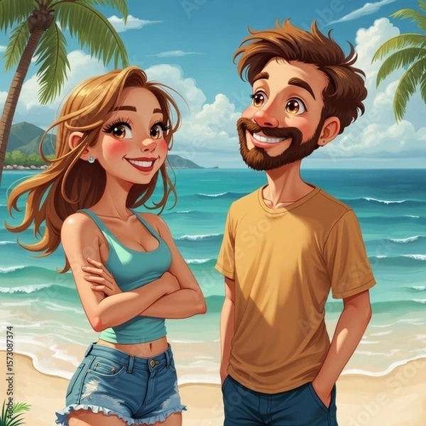 Fototapeta Cheerful animated characters, a woman with blonde hair and a bearded man, smiling on a sunny beach with palm trees and turquoise waters