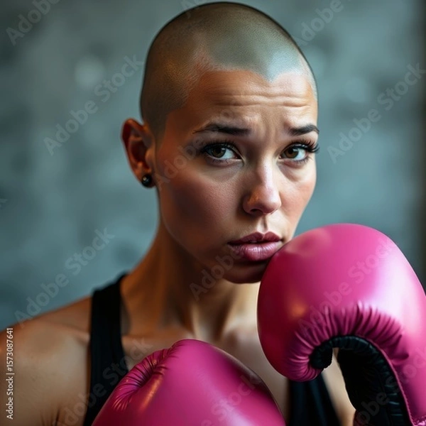 Fototapeta Close up portrait of a bald woman with pink boxing gloves, symbolizing strength and determination in the fight against cancer, conveying resilience and hope