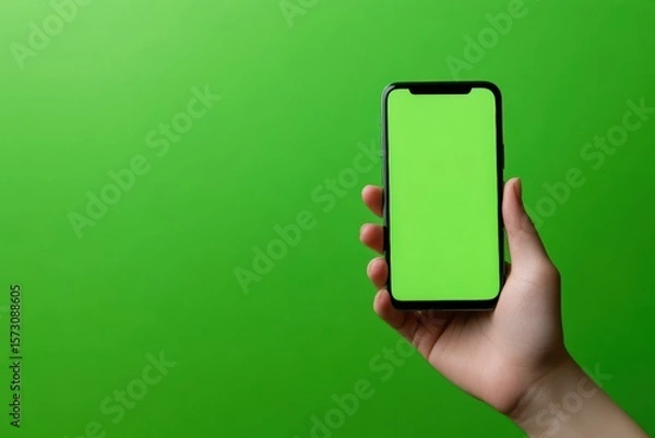 Obraz Close-up of hand holding smartphone with blank green screen on vibrant green background. Perfect for app mockup, UI design, or chroma key editing. Studio lighting. Modern tech concept. Copy space