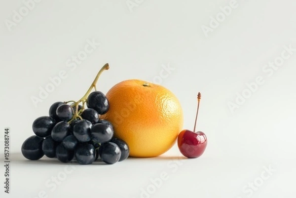Obraz Pile of assorted fresh fruits on white background. Apples, grapes, oranges, lemons, and pomegranates. Vibrant colors. Clean studio light. Healthy eating, nutrition, and harvest concept. Copy space